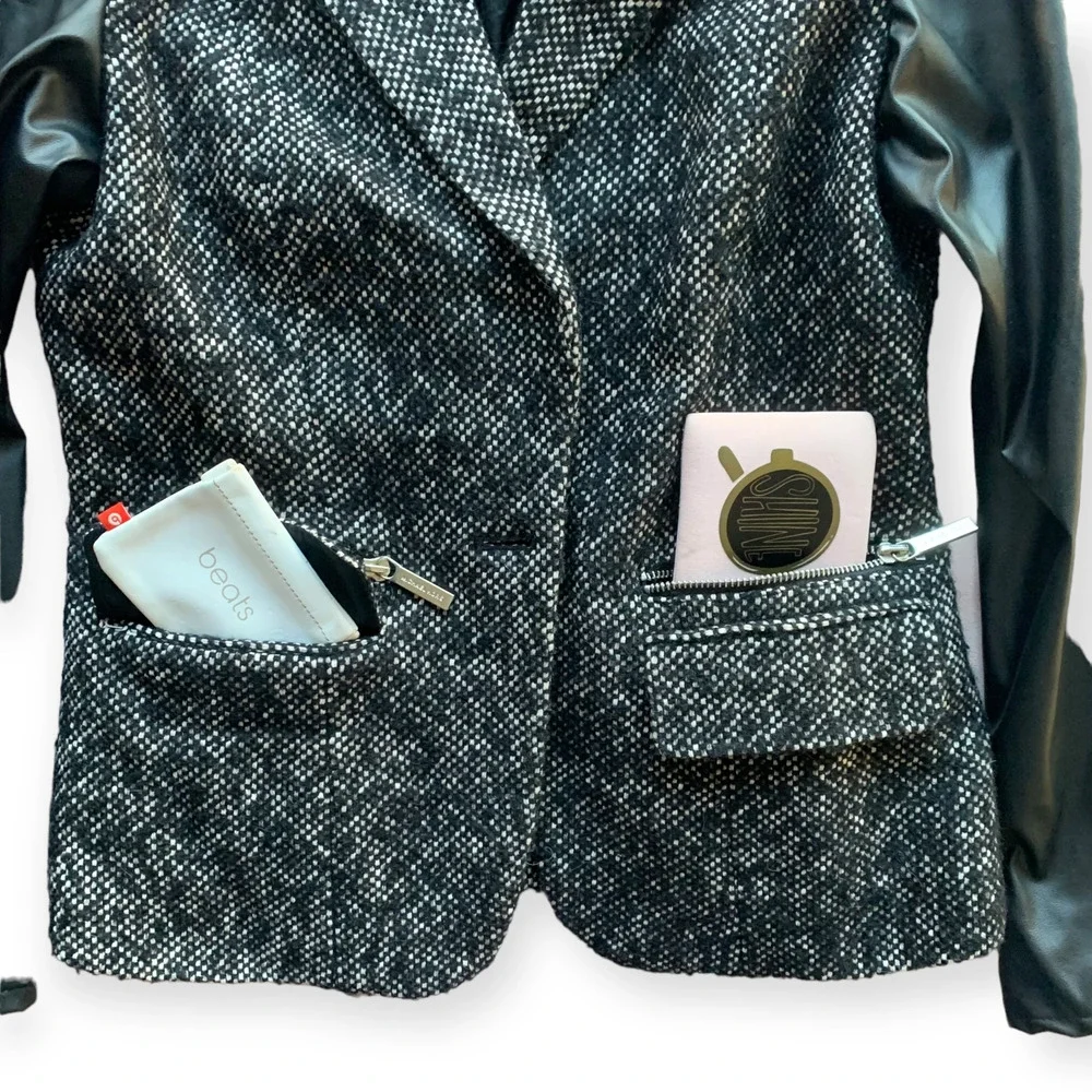 MICHAEL KORS Leather Wool Blend Tweed Sport Coat Jacket Blazer Black Fall Size 4